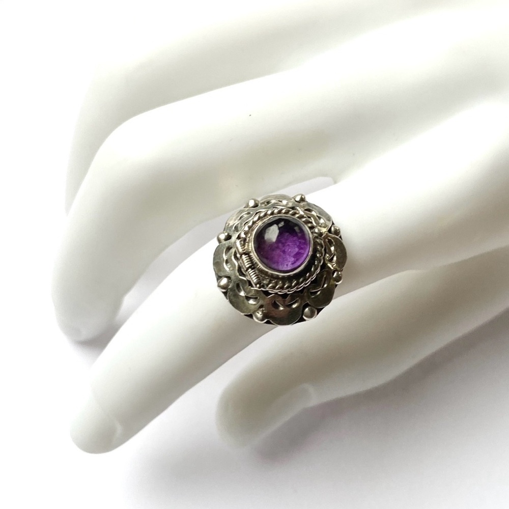 Vintage Taxco Sterling Silver Amethyst Poison Ring Adjustable - Picture 10 of 15